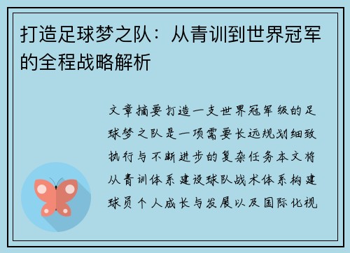 打造足球梦之队：从青训到世界冠军的全程战略解析