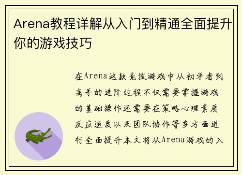 Arena教程详解从入门到精通全面提升你的游戏技巧