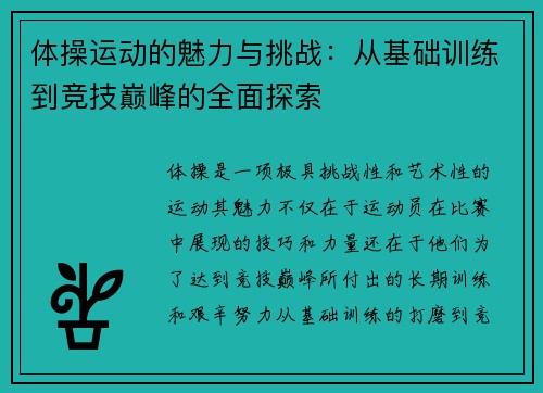 体操运动的魅力与挑战：从基础训练到竞技巅峰的全面探索
